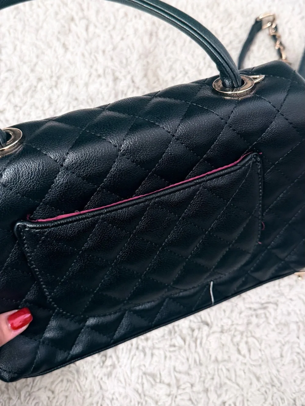 Black Quilted Top-Handle Crossbody Bag with Gold Hardware